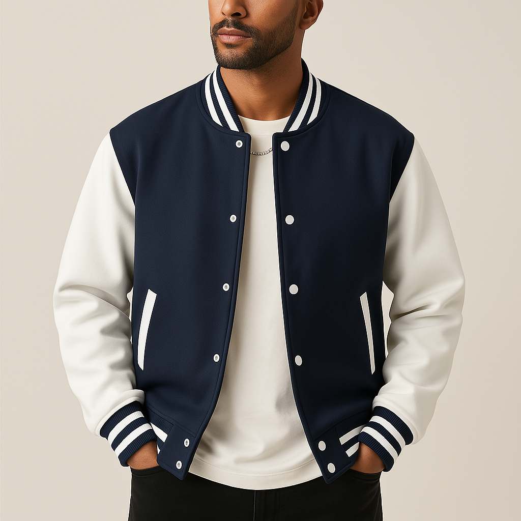 Man draagt marineblauw en wit heren baseballjack van voren