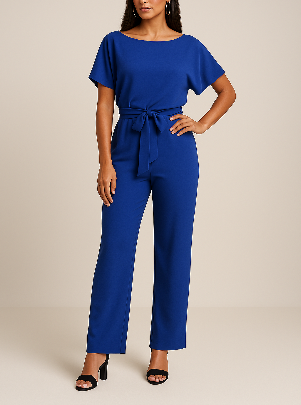 Vooraanzicht van de stijlvolle Hoymans Dames Jumpsuit Sophia, toont het modieuze ontwerp.