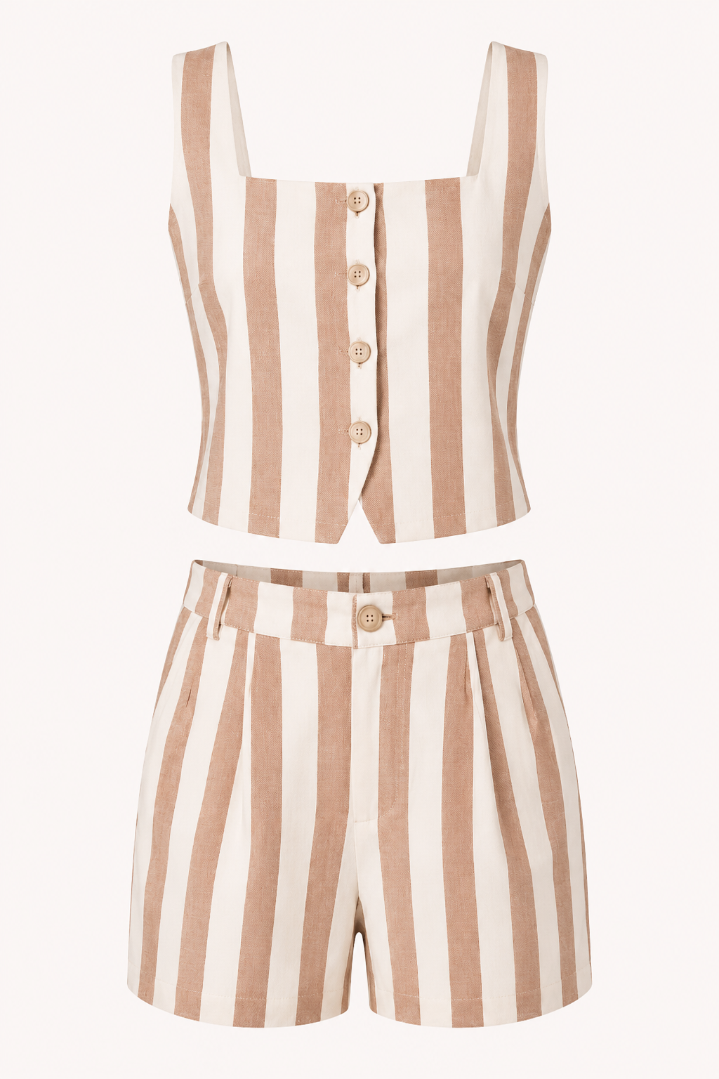 Elegante casual dames set, beige en gestreept, bestaande uit een mouwloos gilet en shorts. Ideaal voor zomerse dagen.