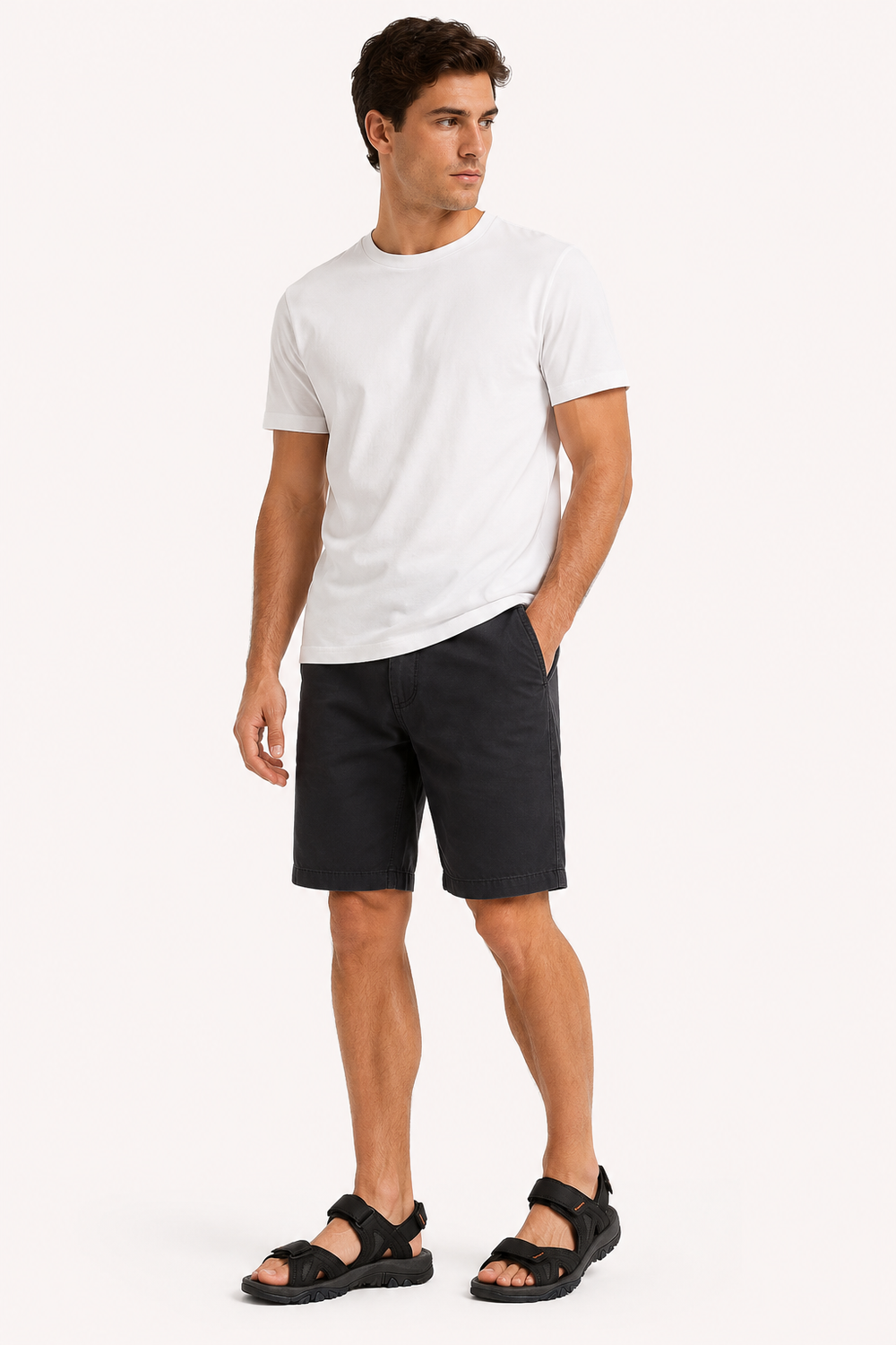 Model in witte t-shirt en korte broek met zwarte herensandalen, handen in de zakken.