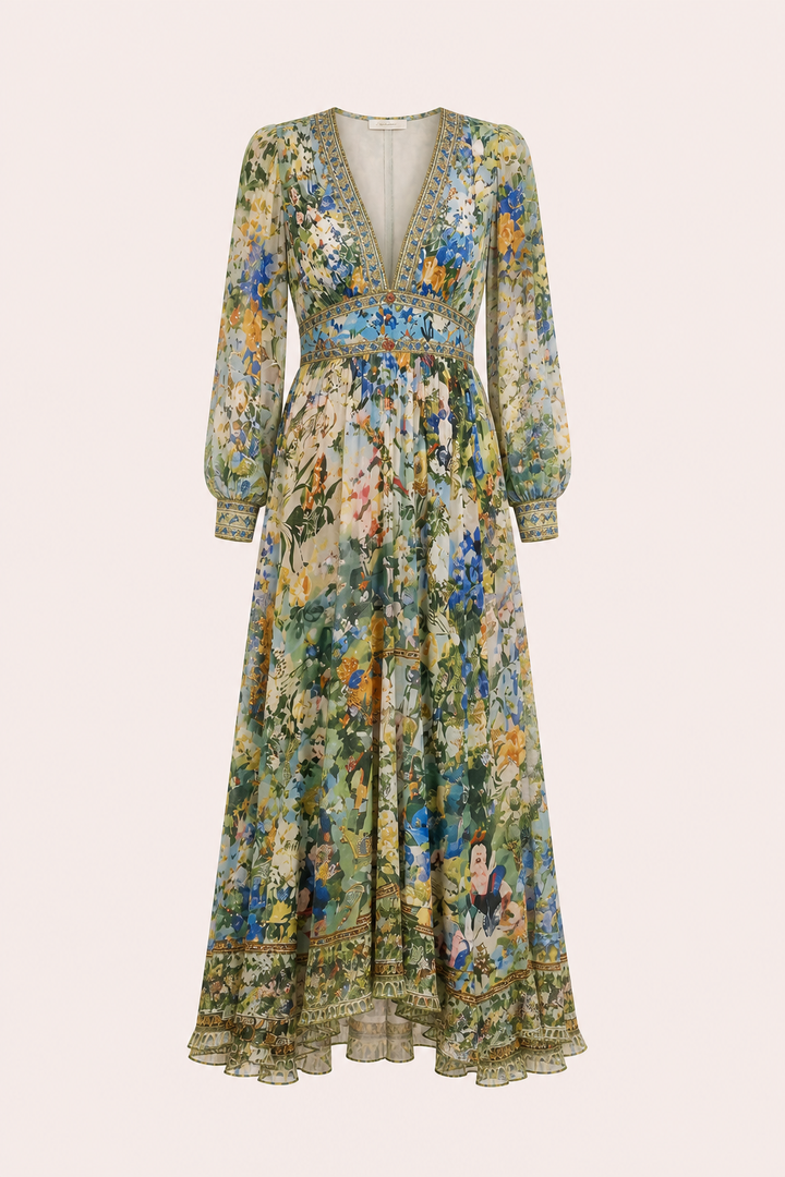 Comfortabele zomerjurk voor dames, een midi-model met V-hals, pofmouwen en hoge taille.