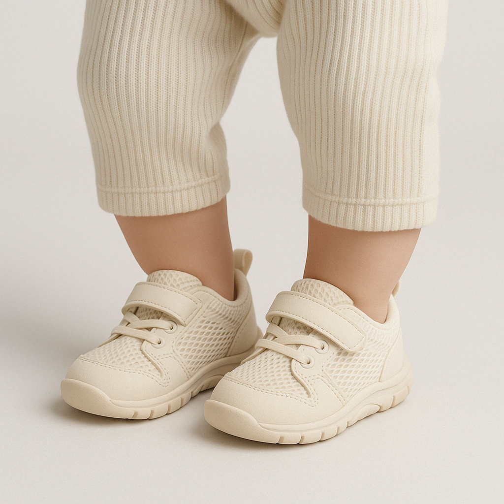 Blauwe flexibele barefoot babyschoenen met antislipzool, ondersteunen natuurlijke voetontwikkeling binnen en buiten.