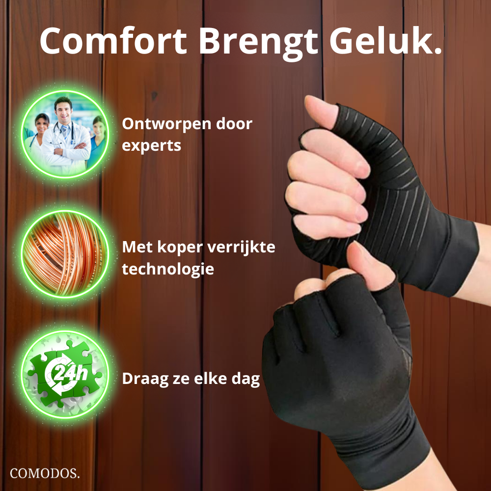 Compressiehandschoenen ondersteunen handen bij sport en dagelijks werk. Effectief tegen reuma, artritis & handpijn.