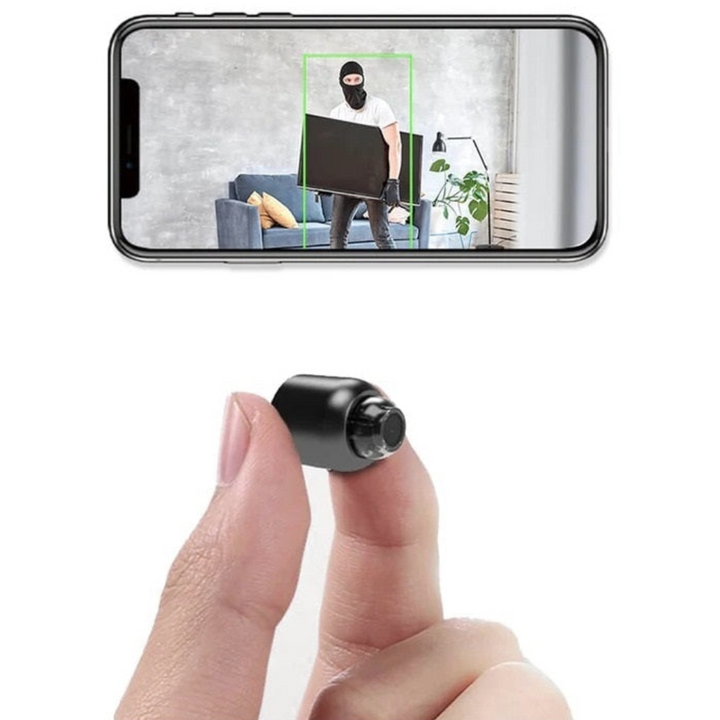 Smartphone toont live camerabeeld van mini beveiligingscamera