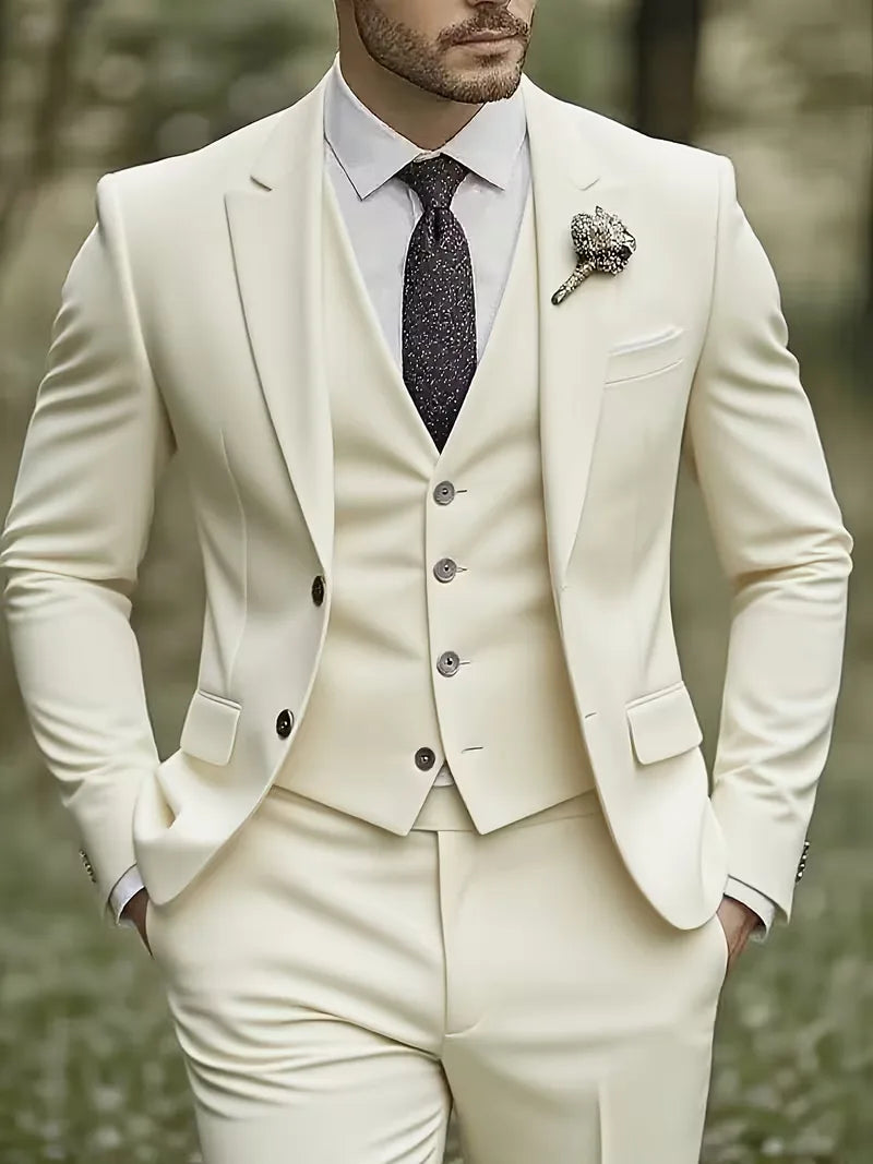 Model draagt een elegant beige driedelig herenpak met glanzende afwerking in de natuur.