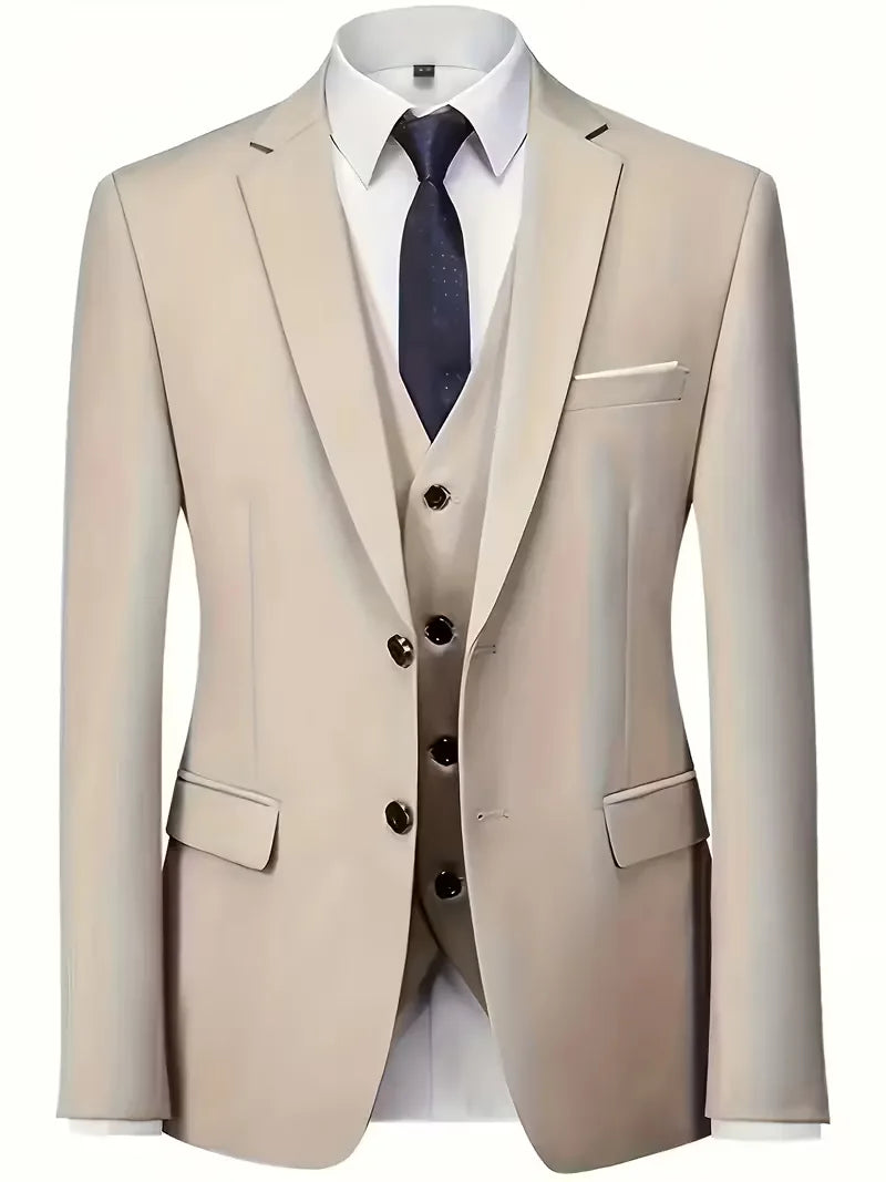 Vooraanzicht van het beige driedelige herenpak met colbert en vest op een paspop.
