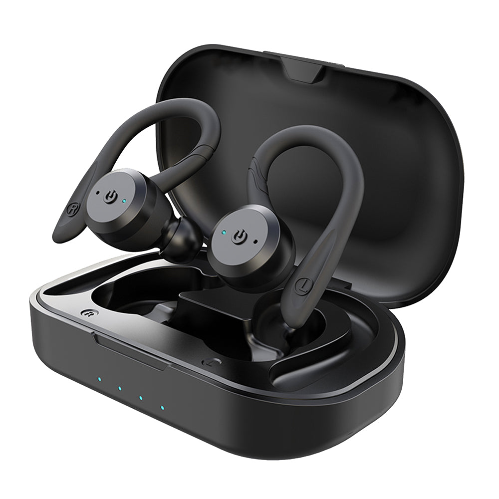 Zwarte draadloze sportoordopjes in oplaadcase