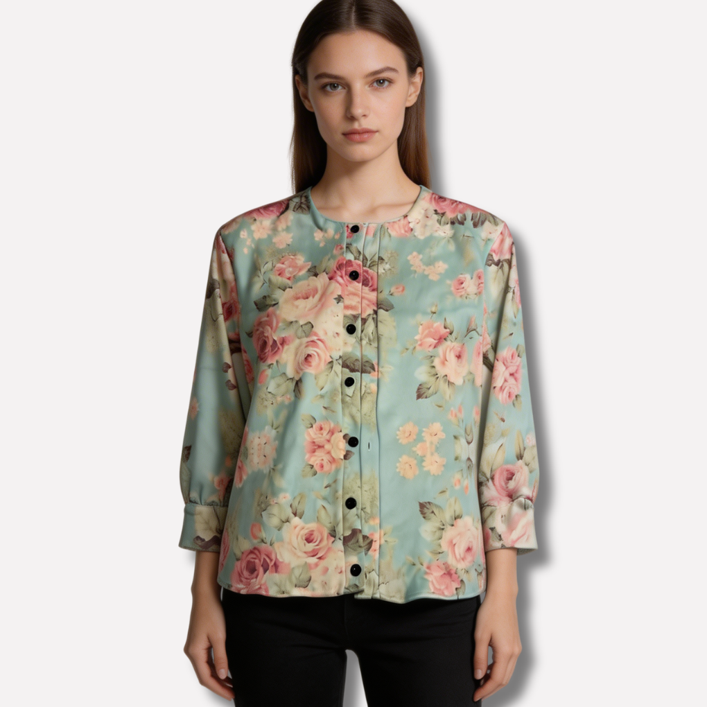 Model draagt een stijlvolle gebloemde dames cardigan met knoopdetails voor een moderne look.