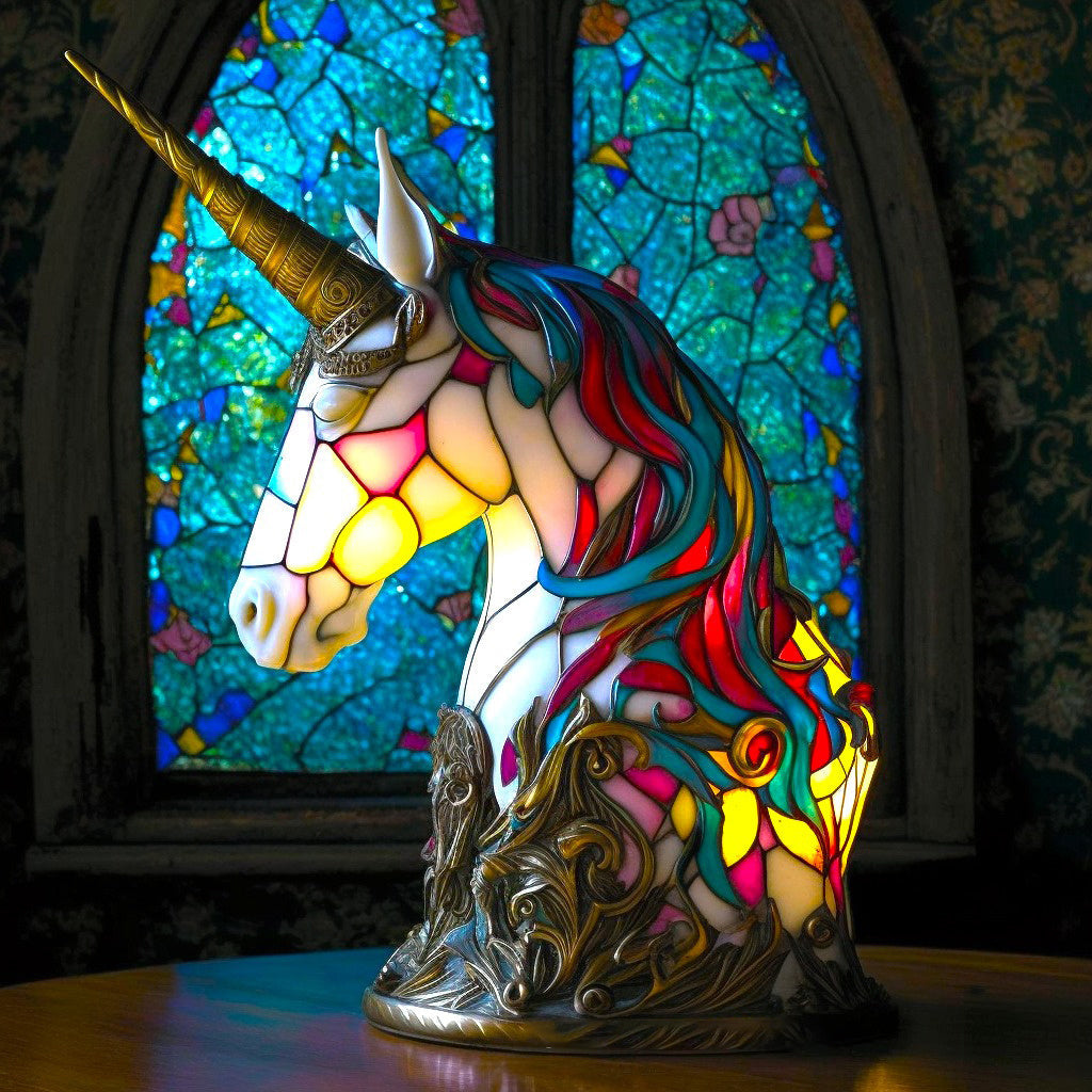 Stijlvolle tafellamp: verlichte glasinlood dierenkunst, perfecte sfeerverlichting voor bureau.
