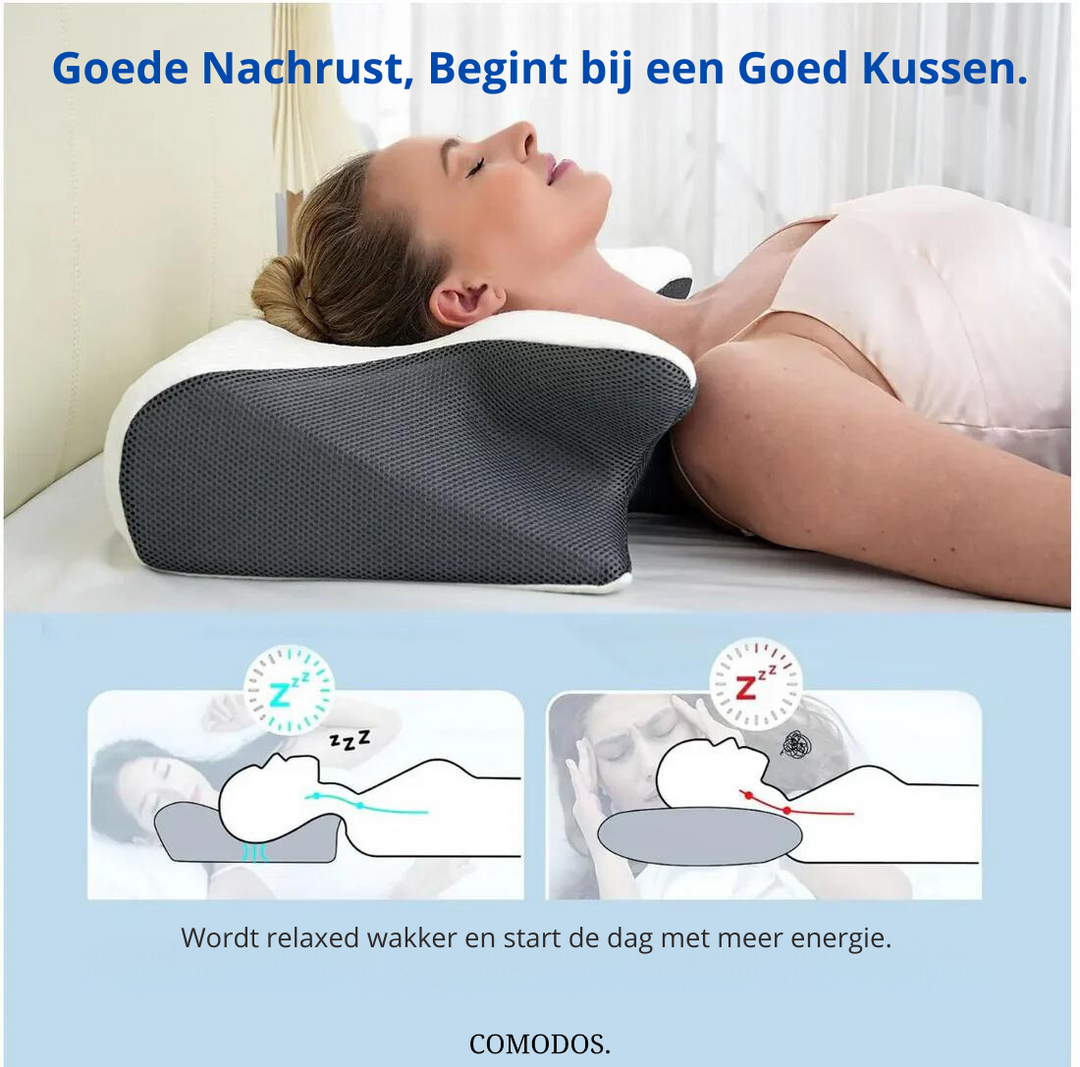 Speciaal gevormd ergonomisch kussen met geheugenschuim voor perfecte nekondersteuning bij nekpijn.