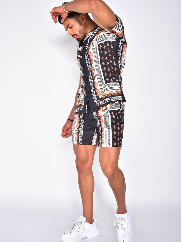 Heren vakantiekleding: Hawaiiaanse bloemenprint blouse en short set, comfortabel en modieus.