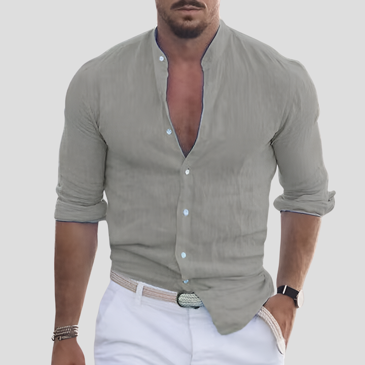 Slim fit heren overhemd met mandarijnkraag voor een moderne, comfortabele en casual zomerse outfit.