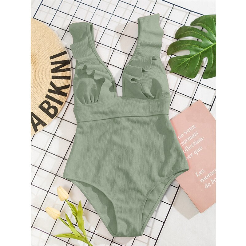 Boho stijl dames badpak, comfortabele pasvorm, met ruches en V-hals voor de zomer.