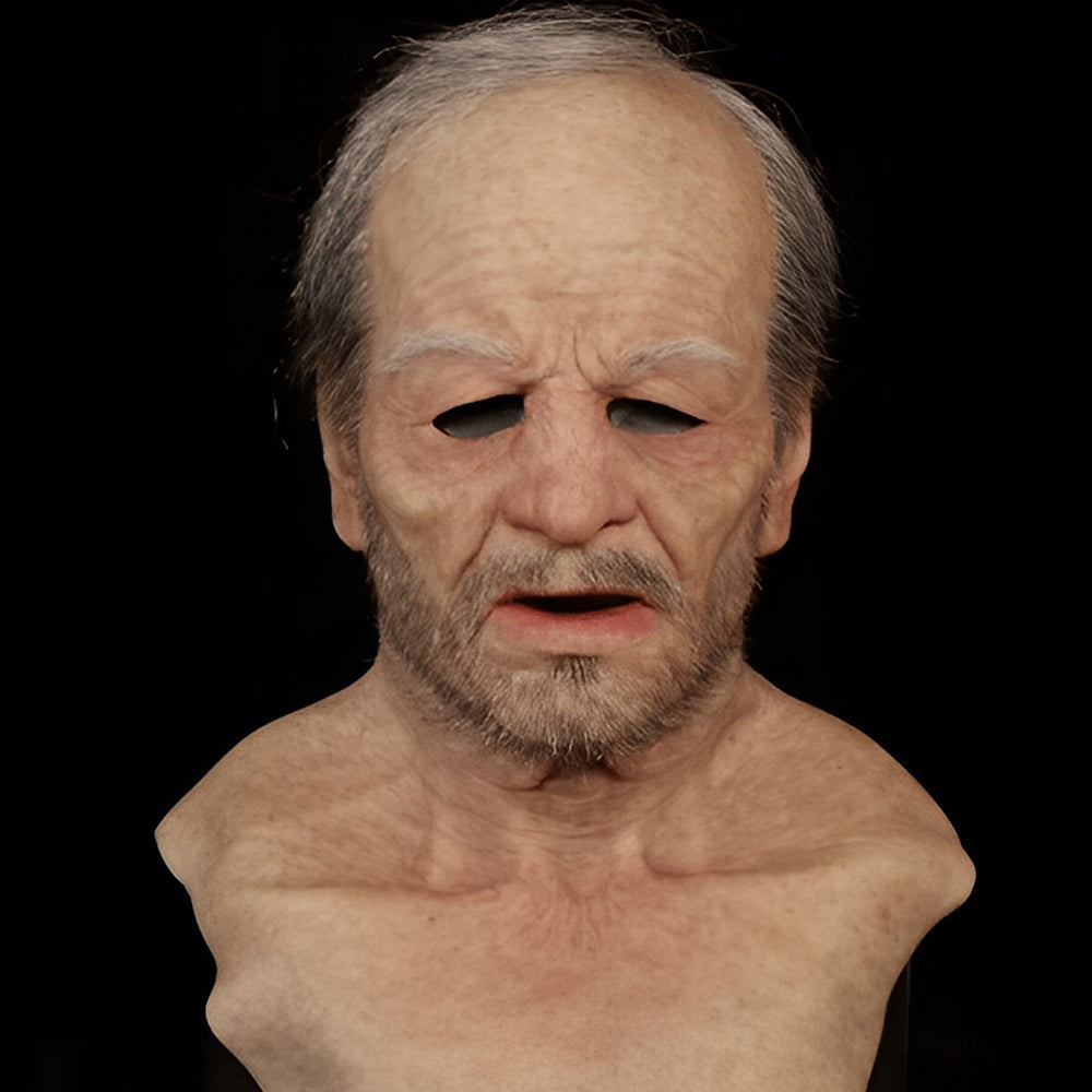 Horror oudemannenmasker met realistische huidtextuur en flexibele mond voor Halloween.