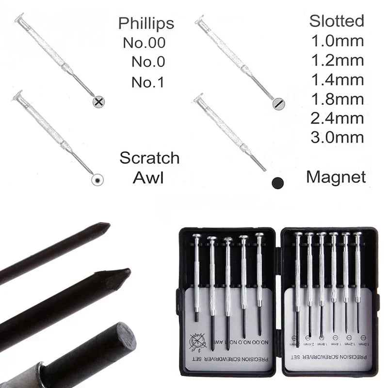 Compacte precisie schroevendraaier set met draagkoffer voor brilreparatie, sieraden en hobby projecten.