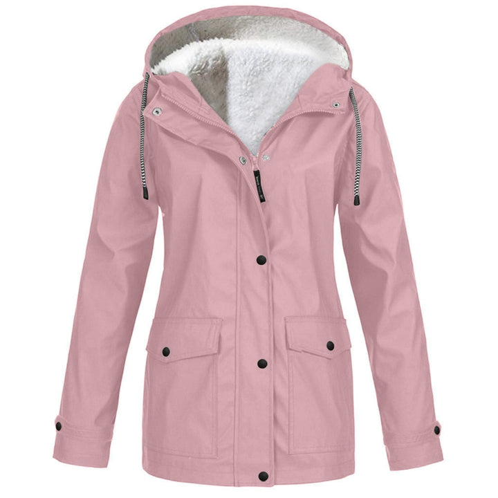 Zijkant van de gele dames outdoor jas met capuchon