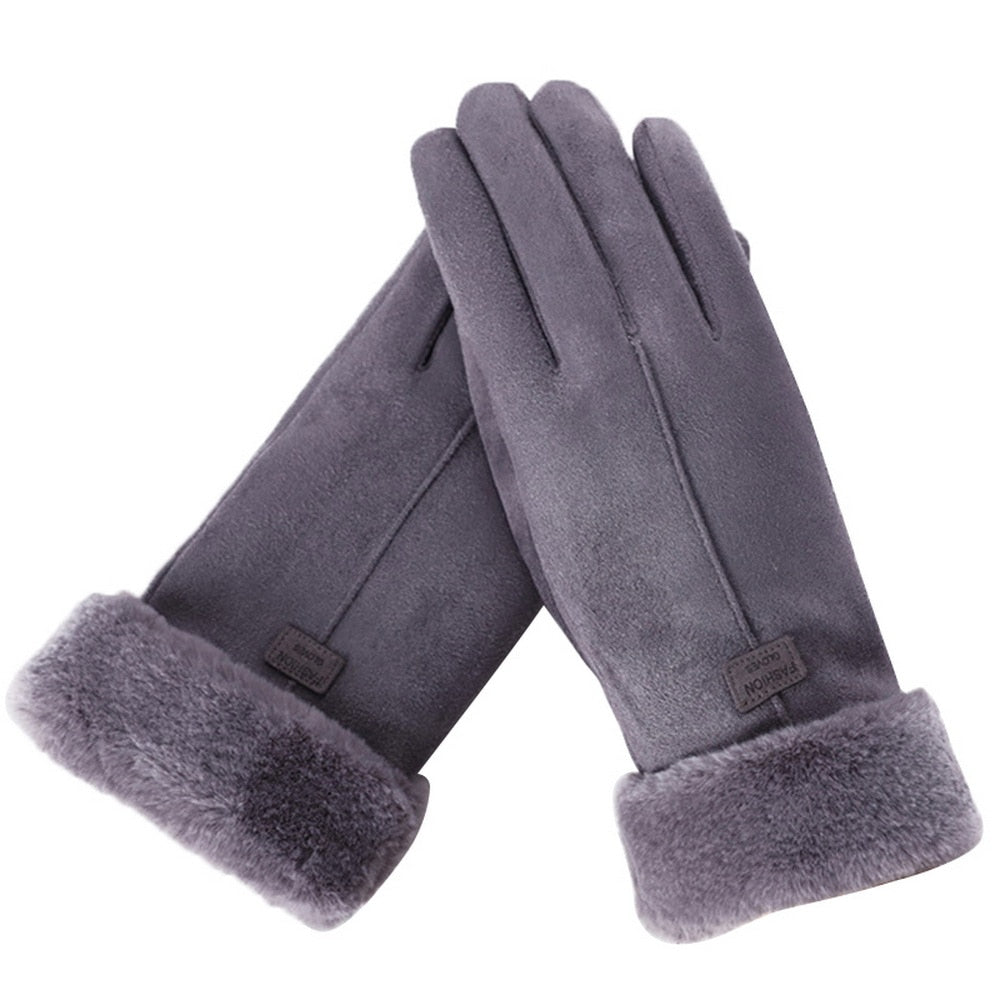Waterafstotende furry dameshandschoenen, perfect voor koude en natte herfstdagen.