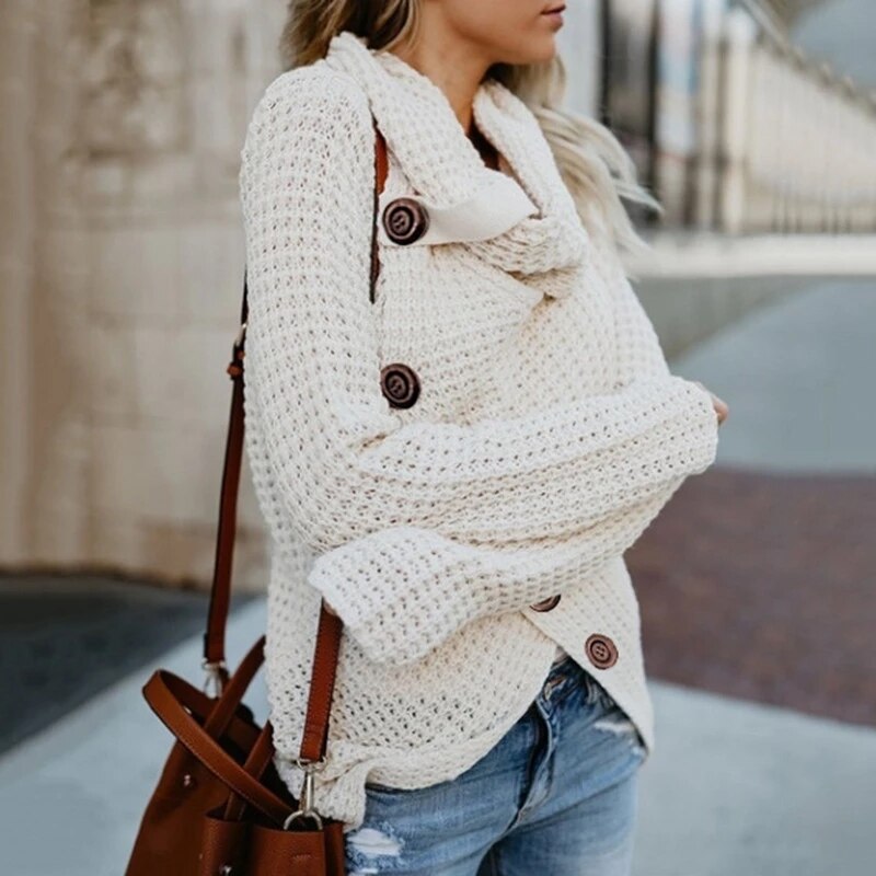 Stijlvolle dames trui met col en unieke asymmetrische zoom, perfect voor de wintermode.