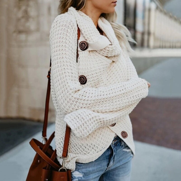 Stijlvolle dames trui met col en unieke asymmetrische zoom, perfect voor de wintermode.