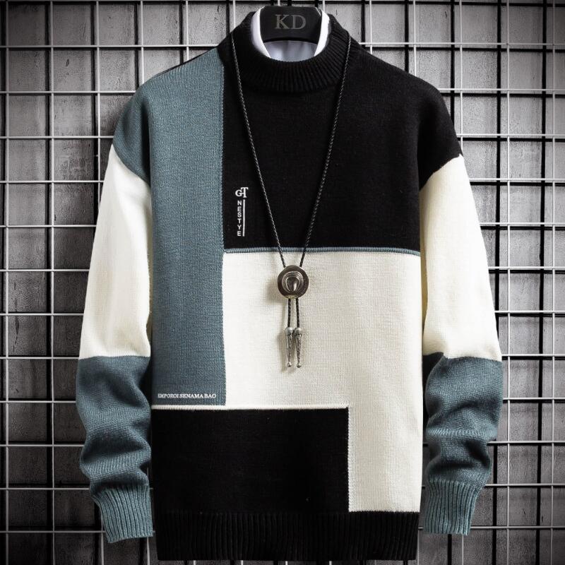 Heren patchwork pullover in groen, zwart en crème