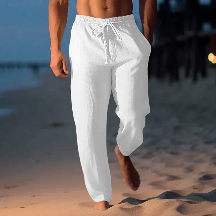 Luchtige witte heren broek met elastische tailleband