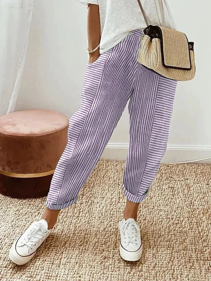 Stijlvolle gestreepte dames zomerbroek met hoge taille en comfortabele pasvorm