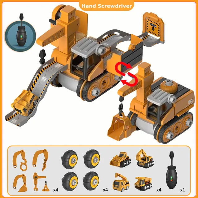 Overzicht van de Constructo speelset met verschillende bouwvoertuigen en losse onderdelen.