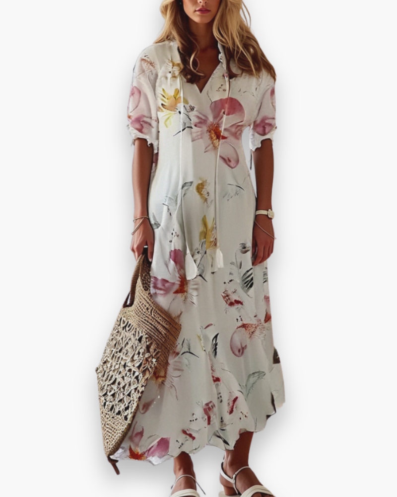 Elegante lange zomerjurk voor dames met V-hals en halflange mouwen