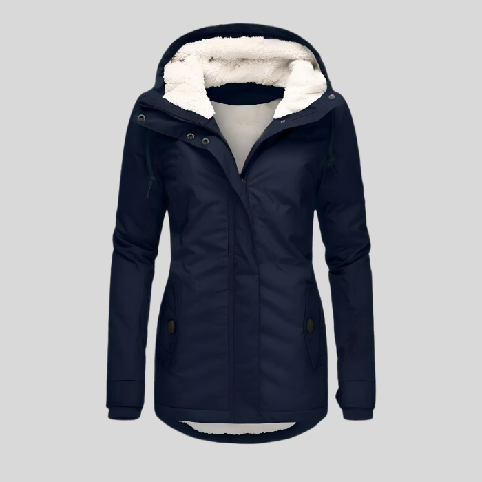 Lange waterdichte winterjas voor dames met warme voering en capuchon, ideaal voor koude dagen.