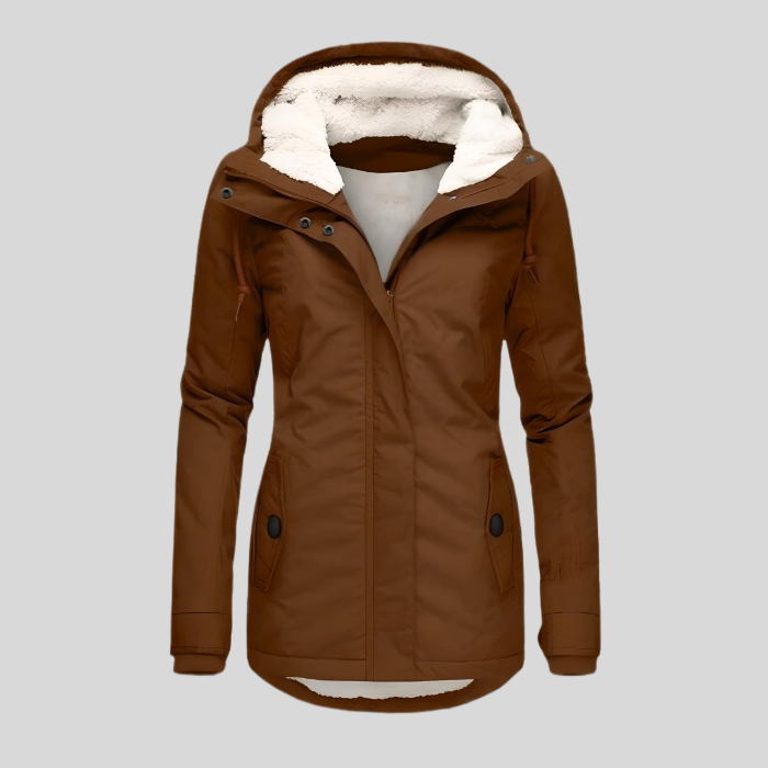 Comfortabele lange waterdichte damesjas, perfect als warme buitenjas met capuchon voor winterse dagen.