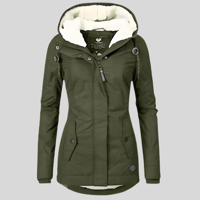 Dames lange winterjas, waterdicht en ademend, met warme voering, verstelbare capuchon en zakken.