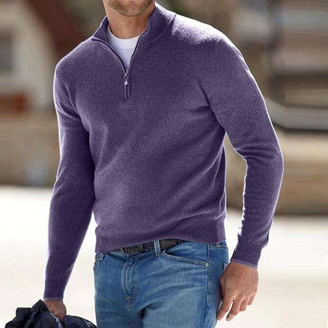 Casual heren V-hals trui met ritssluiting, van zachte merino wol, voor een elegante en ontspannen stijl.