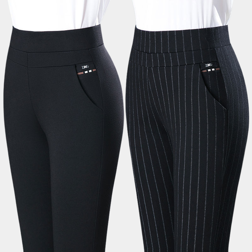 Overzicht van zwarte dames broek en variant met strepen
