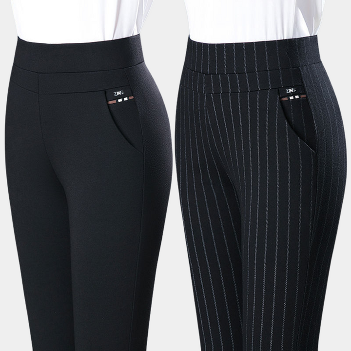 Overzicht van zwarte dames broek en variant met strepen