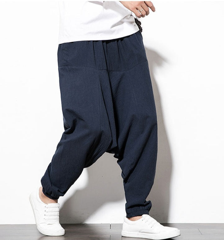 Zachte stof heren harembroek, comfortabel voor thuis of onderweg, streetwear collectie.