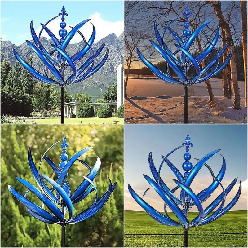 Decoratieve metalen windspinner voor de tuin in blauw-rode tinten. Weerbestendige tuinkunst voor ontspanning buiten.