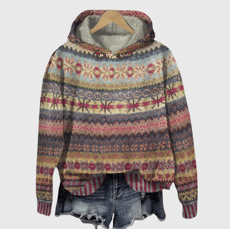 Dames warme Noorse hoodie met traditioneel patroon; comfortabele en stijlvolle wintertrui voor vrouwen, ideaal voor casual mode.