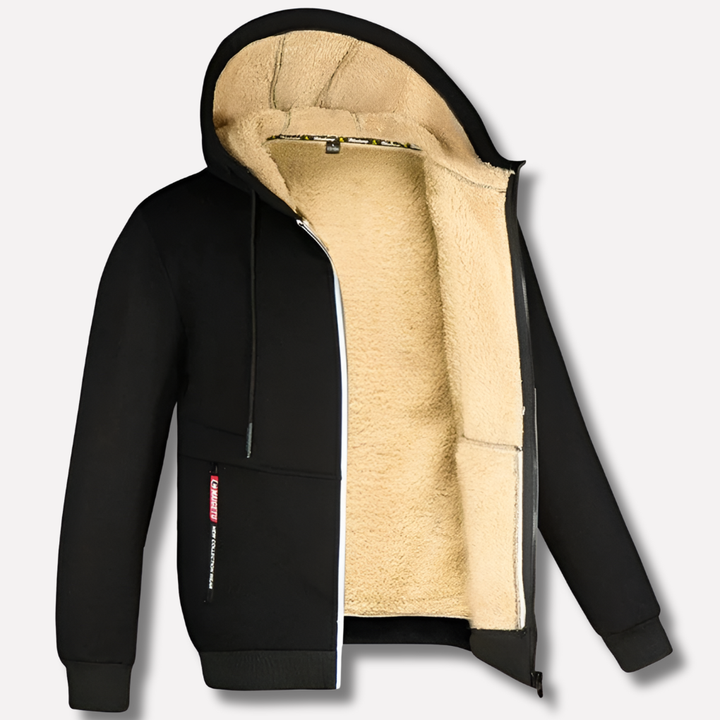 Patrick heren fleece trui in zwart met capuchon en zakdetails