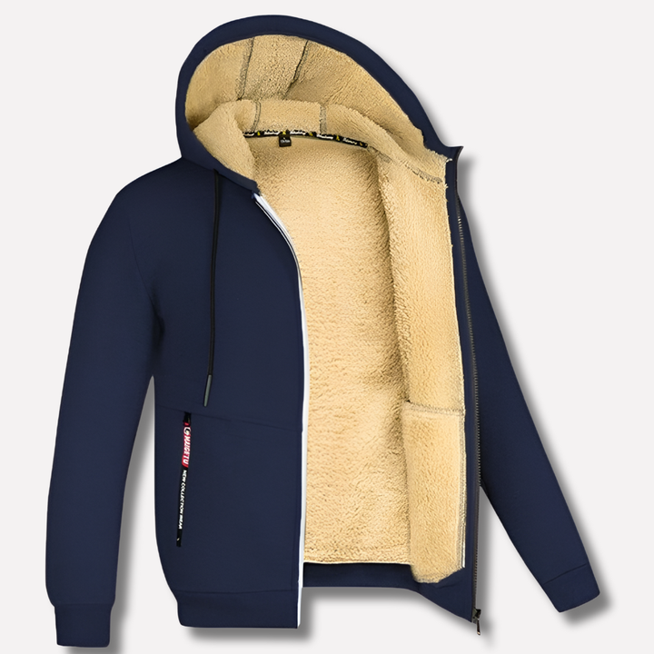 Patrick heren fleece trui in marineblauw getoond met open rits