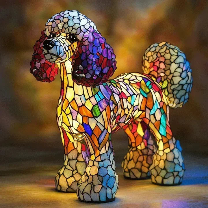 Close-up van de kunstzinnige afwerking van een Lumidog hondenlamp.