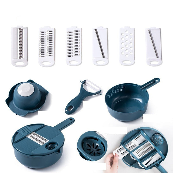 Compacte ChefEase groentesnijder set met alle onderdelen netjes opgeborgen; ruimtebesparende keukenoplossing.
