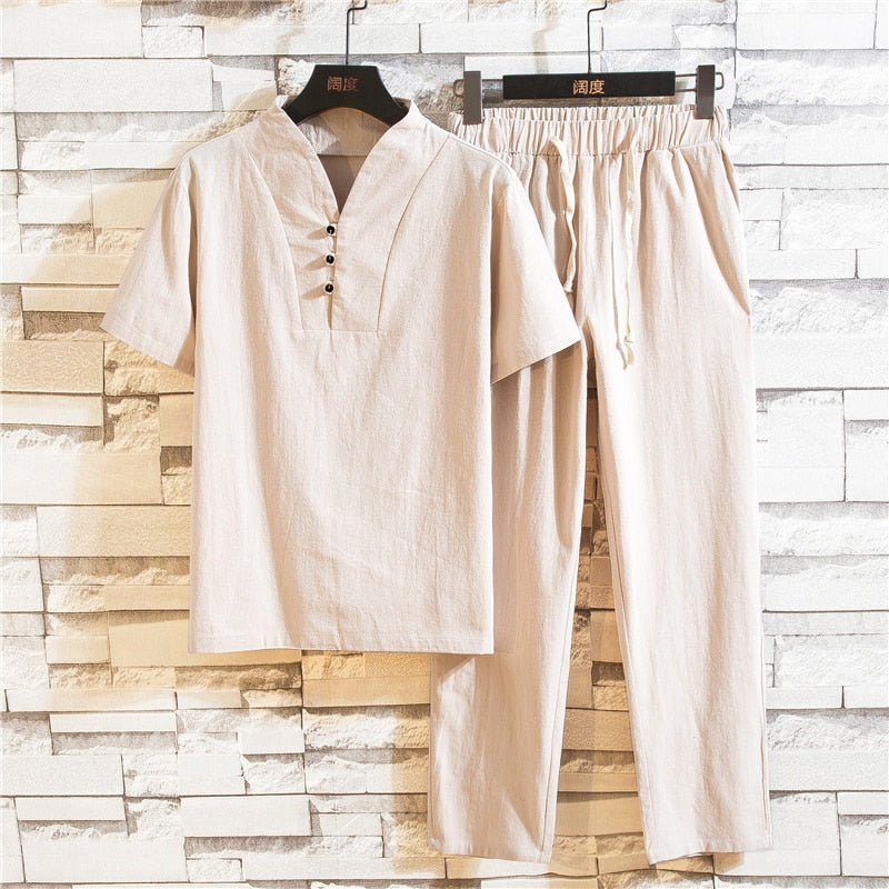 Casual heren zomerkledingset (2-delig) in blauw, comfortabel en luchtig voor vakantie of vrije tijd.