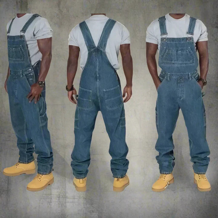 Casual blauwe heren denim jumpsuit met moderne rechte pijpen, perfect voor straatmode en comfortabele pasvorm.