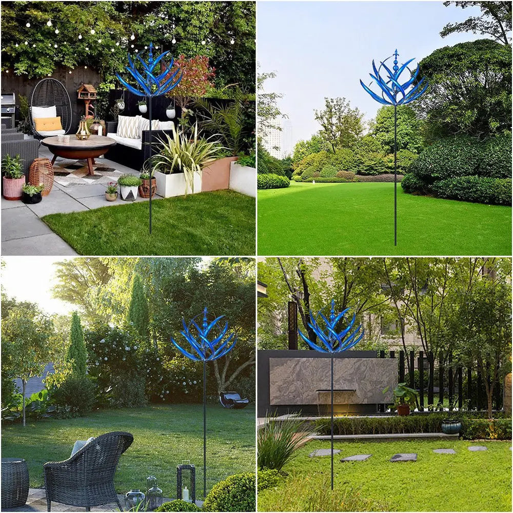 Rustgevende tuin windspinner van metaal, beweegt sierlijk. Blauw-rode tuindecoratie voor buitenleven ontspanning.
