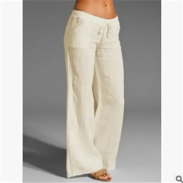 Veelzijdige dames zomerbroek, comfortabel en ademend, met losvallende pijpen en elegante uitstraling voor de zomer.