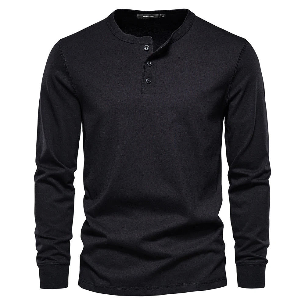 Zwart heren Henley shirt met lange mouwen en knoopsluiting, casual stijl