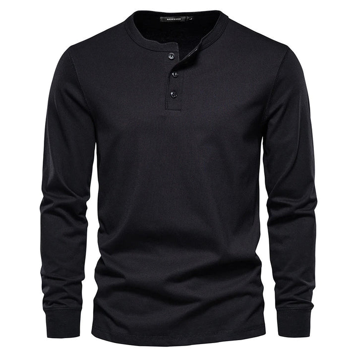 Zwart heren Henley shirt met lange mouwen en knoopsluiting, casual stijl