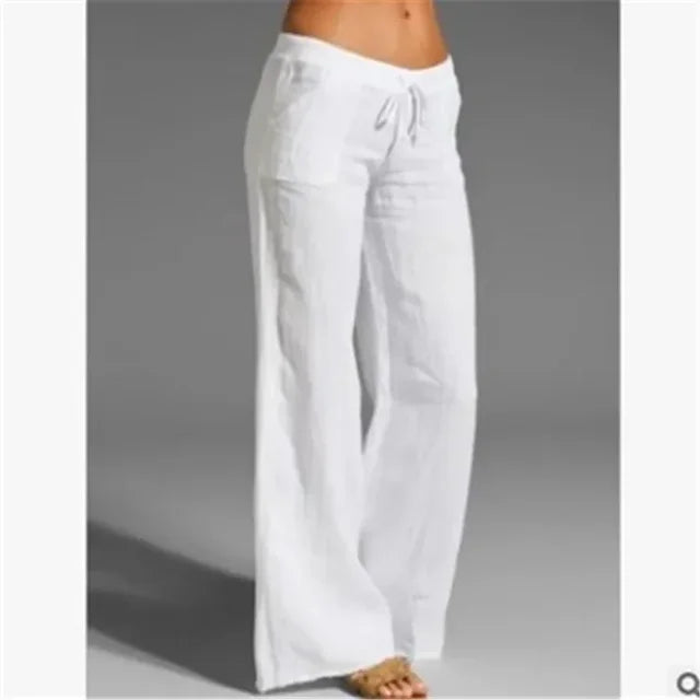 Dames casual zomerbroek met losse pasvorm, elastische taille en trekkoord, ideaal voor warme comfortabele dagen.