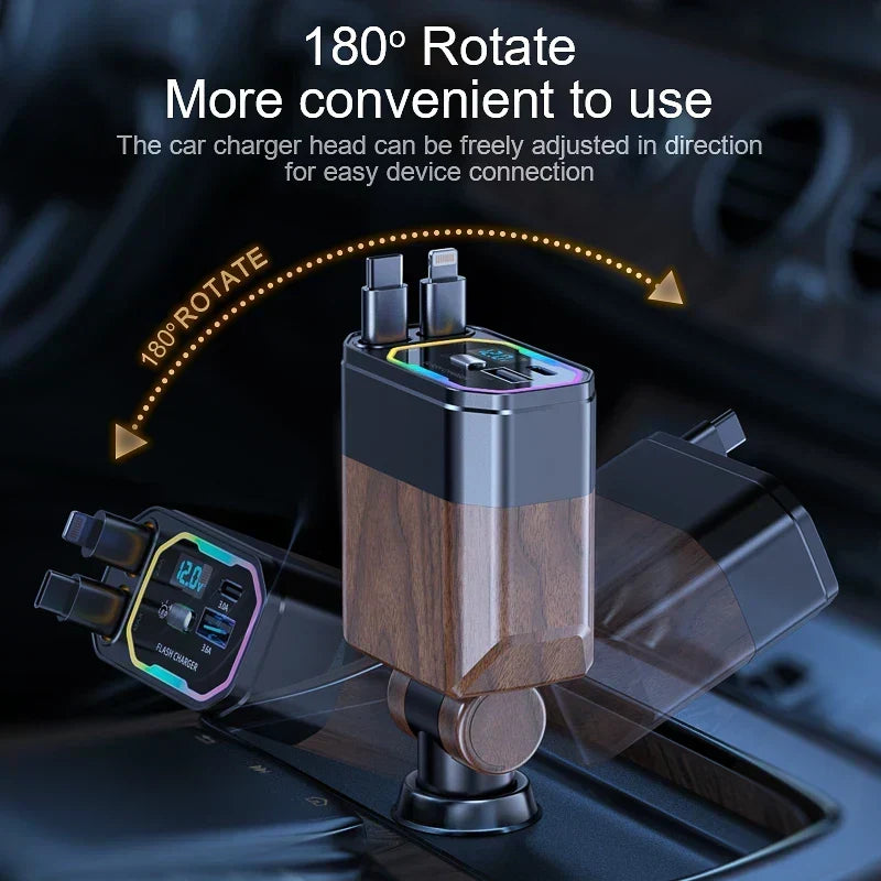 Moderne 120W autolader met snelle USB-C poort en 4-in-1 functionaliteit. Onmisbaar autozubehör voor reizen.