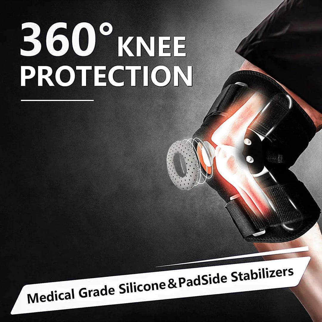 Close-up van de ComfortKnee kniebrace op een knie met 360 graden bescherming en zijstabilisatoren.